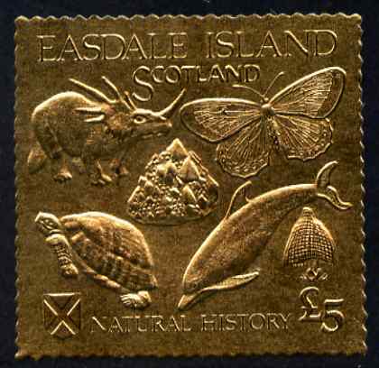 Easdale 1991 Natural History \A35 imperf souvenir sheet embossed in gold foil (perf) unmounted mint, stamps on animals, stamps on dinosaurs, stamps on whales, stamps on dolphins, stamps on butterflies, stamps on tortoise, stamps on fungi, stamps on shells, stamps on 