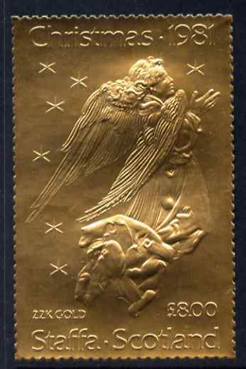 Staffa 1981 Christmas A38 value (Angel after Durer) in 22 carat gold foil unmounted mint, stamps on , stamps on  stamps on christmas, stamps on  stamps on religion, stamps on  stamps on arts, stamps on  stamps on durer, stamps on  stamps on angels, stamps on  stamps on renaissance