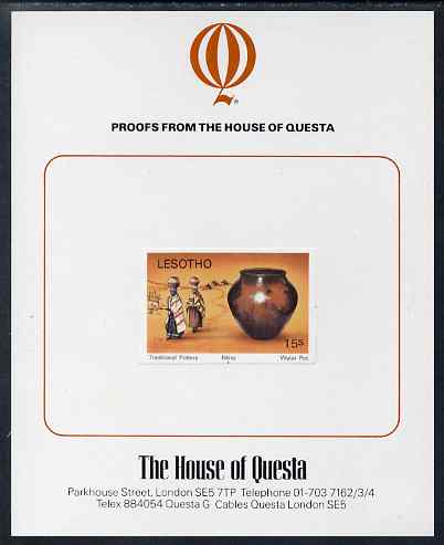 Lesotho 1980 Pottery 15s imperf proof mounted on House of Questa proof card, as SG 420, stamps on pottery
