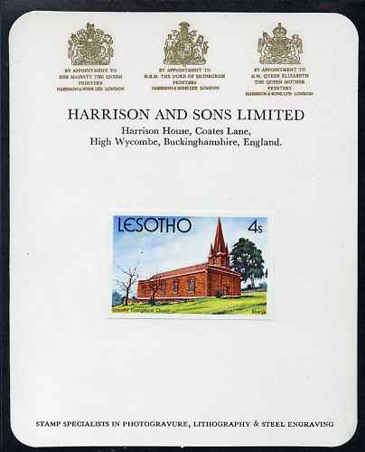 Lesotho 1980 Christmas 4s Evangelical Church imperf proof mounted on Harrison & Sons Proof card, rare thus, as SG 426, stamps on , stamps on  stamps on christmas, stamps on  stamps on churches