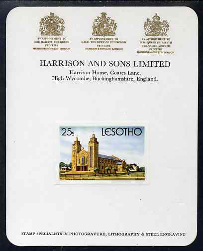 Lesotho 1980 Christmas 25s Our Ladys Victory Cathedral imperf proof mounted on Harrison & Sons Proof card, rare thus, as SG 428, stamps on christmas, stamps on churches, stamps on cathedrals