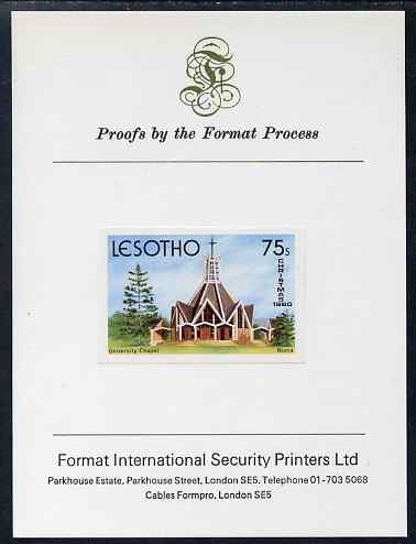 Lesotho 1980 Christmas 75s University Chapel imperf proof mounted on Format International Proof card, rare thus, as SG 429, stamps on , stamps on  stamps on christmas, stamps on  stamps on churches, stamps on  stamps on cathedrals