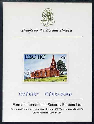 Lesotho 1980 Christmas 4s Evangelical Church imperf proof mounted on Format International Proof card and notated REPRINT SPECIMEN rare thus, as SG 426 (Note Format & Harrisons shared the contract for this issue, this particular value having been produced by Harrisons), stamps on , stamps on  stamps on christmas, stamps on  stamps on churches