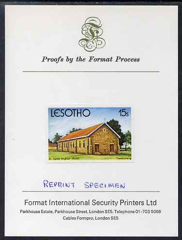 Lesotho 1980 Christmas 15s St Agnes' Anglican Church imperf proof mounted on Format International Proof card and notated REPRINT SPECIMEN rare thus, as SG 427 (Note Format & Harrisons shared the contract for this issue, this particular value having been produced by Harrisons), stamps on christmas, stamps on churches