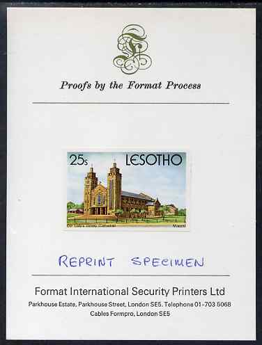 Lesotho 1980 Christmas 25s Our Ladys Victory Cathedral imperf proof mounted on Format International Proof card and notated REPRINT SPECIMEN rare thus, as SG 428 (Note For..., stamps on christmas, stamps on churches, stamps on cathedrals