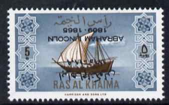 Ras Al Khaima 1965 Ships 5r with Abraham Lincoln overprint inverted, unmounted mint, SG 20var, stamps on , stamps on  stamps on constitutions, stamps on  stamps on personalities, stamps on  stamps on ships, stamps on  stamps on usa presidents, stamps on  stamps on americana, stamps on  stamps on lincoln