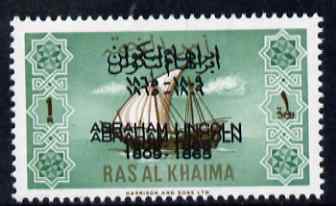 Ras Al Khaima 1965 Ships 1r with Abraham Lincoln overprint doubled, unmounted mint, SG 18var, stamps on , stamps on  stamps on constitutions, stamps on  stamps on personalities, stamps on  stamps on ships, stamps on  stamps on usa presidents, stamps on  stamps on americana, stamps on  stamps on lincoln