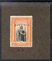 Portugal 1926 First Anniversary 2c Printers sample in black & orange overprinted SPECIMEN mounted on small card and endorsed A9, as SG671, stamps on 