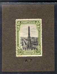 Portugal 1926 First Anniversary 4E50 Printers sample in black & olive-green overprinted SPECIMEN mounted on small card and endorsed A7, as SG690, stamps on monuments