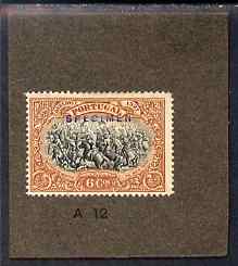Portugal 1927 Second Anniversary 6c Printers sample in black & chestnut overprinted SPECIMEN mounted on small card and endorsed A12, as SG730, stamps on battles