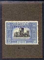 Portugal 1927 Second Anniversary 3c Printers sample in black & blue overprinted SPECIMEN mounted on small card and endorsed A11 as SG727, stamps on castles