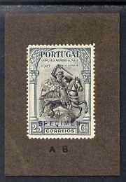 Portugal 1927 Second Anniversary 25c Printers sample in black & slate overprinted SPECIMEN mounted on small card and endorsed A8 as SG733, stamps on horses