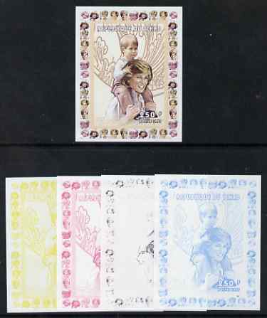 Chad 1997 Princess Diana 250f series #2 imperf deluxe sheet the set of 5 progressive proofs comprising the 4 individual colours plus all 4-colour composite, unmounted mint, stamps on , stamps on  stamps on personalities, stamps on  stamps on diana, stamps on  stamps on royalty, stamps on  stamps on women