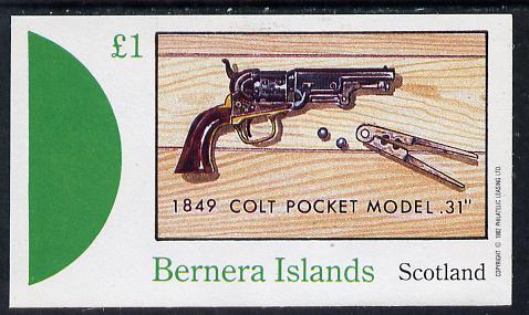 Bernera 1982 Pistols (Colt Pocket 31) imperf souvenir sheet (£1 value) unmounted mint, stamps on militaria, stamps on firearms