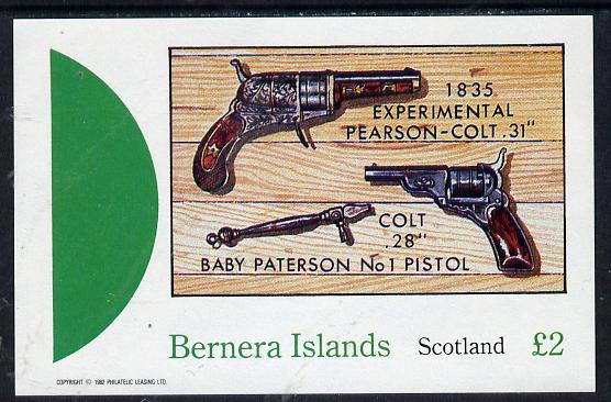 Bernera 1982 Pistols (Pearson Colt 31) imperf deluxe sheet (£2 value) unmounted mint, stamps on militaria, stamps on firearms