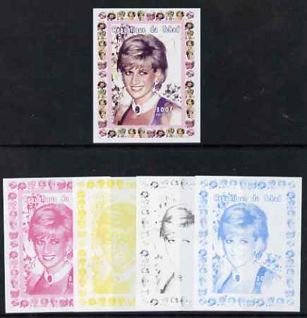 Chad 1997 Princess Diana 300f series #4 imperf deluxe sheet the set of 5 progressive proofs comprising the 4 individual colours plus all 4-colour composite, unmounted mint, stamps on , stamps on  stamps on personalities, stamps on  stamps on diana, stamps on  stamps on royalty, stamps on  stamps on women