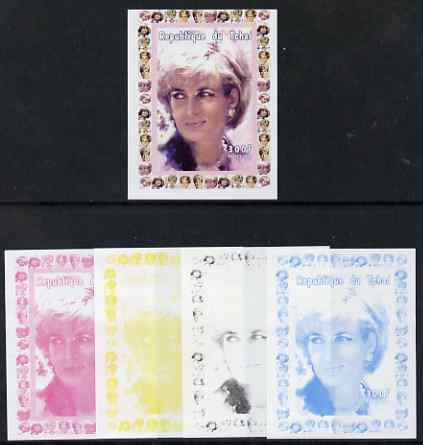 Chad 1997 Princess Diana 300f series #5 imperf deluxe sheet the set of 5 progressive proofs comprising the 4 individual colours plus all 4-colour composite, unmounted mint, stamps on , stamps on  stamps on personalities, stamps on  stamps on diana, stamps on  stamps on royalty, stamps on  stamps on women