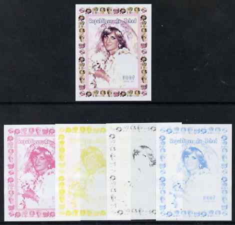 Chad 1997 Princess Diana 300f series #9 imperf deluxe sheet the set of 5 progressive proofs comprising the 4 individual colours plus all 4-colour composite, unmounted mint, stamps on personalities, stamps on diana, stamps on royalty, stamps on women