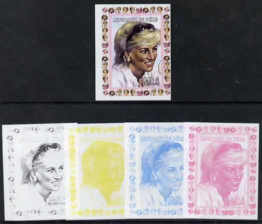 Chad 1997 Princess Diana 450f series #2 imperf deluxe sheet the set of 5 progressive proofs comprising the 4 individual colours plus all 4-colour composite, unmounted mint, stamps on , stamps on  stamps on personalities, stamps on  stamps on diana, stamps on  stamps on royalty, stamps on  stamps on women