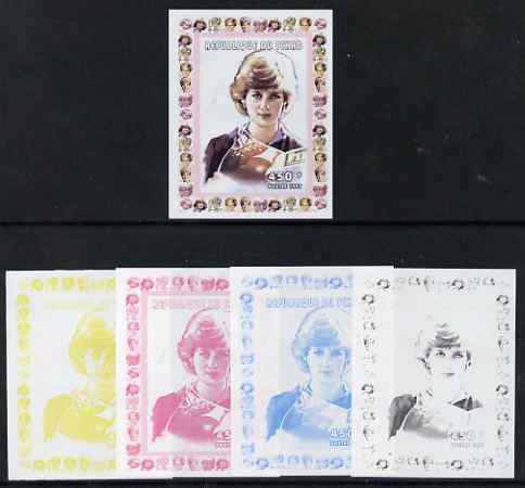 Chad 1997 Princess Diana 450f series #3 imperf deluxe sheet the set of 5 progressive proofs comprising the 4 individual colours plus all 4-colour composite, unmounted mint, stamps on , stamps on  stamps on personalities, stamps on  stamps on diana, stamps on  stamps on royalty, stamps on  stamps on women