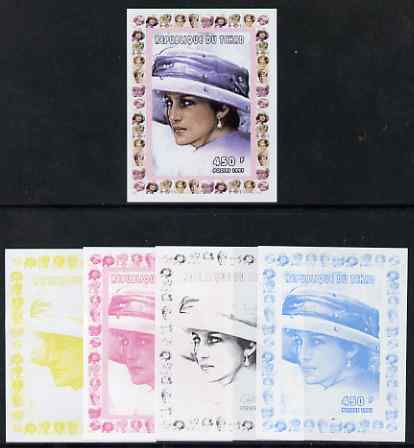 Chad 1997 Princess Diana 450f series #5 imperf deluxe sheet the set of 5 progressive proofs comprising the 4 individual colours plus all 4-colour composite, unmounted mint, stamps on , stamps on  stamps on personalities, stamps on  stamps on diana, stamps on  stamps on royalty, stamps on  stamps on women