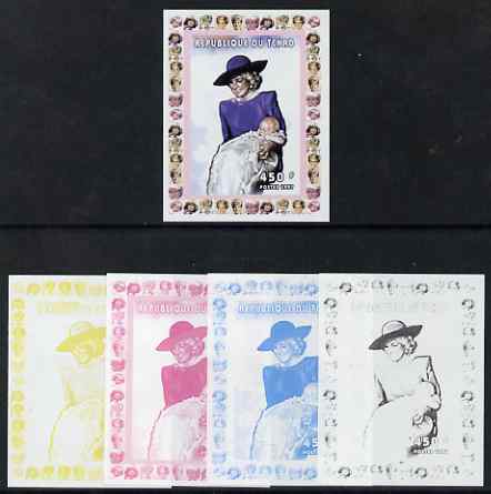 Chad 1997 Princess Diana 450f series #8 imperf deluxe sheet the set of 5 progressive proofs comprising the 4 individual colours plus all 4-colour composite, unmounted mint, stamps on personalities, stamps on diana, stamps on royalty, stamps on women