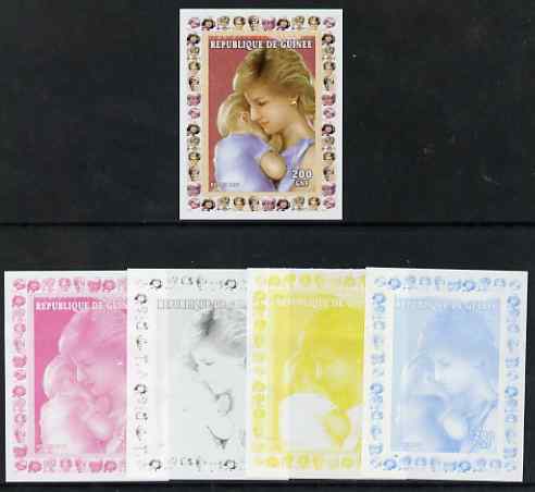 Guinea - Conakry 1997 Princess Diana 200f series #2 imperf deluxe sheet the set of 5 progressive proofs comprising the 4 individual colours plus all 4-colour composite, unmounted mint, stamps on , stamps on  stamps on personalities, stamps on  stamps on diana, stamps on  stamps on royalty, stamps on  stamps on women