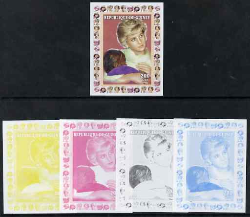 Guinea - Conakry 1997 Princess Diana 200f series #4 imperf deluxe sheet the set of 5 progressive proofs comprising the 4 individual colours plus all 4-colour composite, unmounted mint, stamps on , stamps on  stamps on personalities, stamps on  stamps on diana, stamps on  stamps on royalty, stamps on  stamps on women