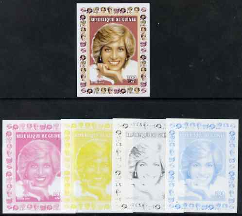 Guinea - Conakry 1997 Princess Diana 200f series #6 imperf deluxe sheet the set of 5 progressive proofs comprising the 4 individual colours plus all 4-colour composite, unmounted mint, stamps on , stamps on  stamps on personalities, stamps on  stamps on diana, stamps on  stamps on royalty, stamps on  stamps on women