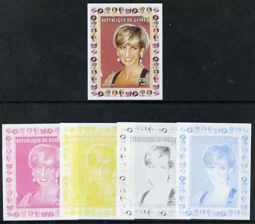 Guinea - Conakry 1997 Princess Diana 200f series #8 imperf deluxe sheet the set of 5 progressive proofs comprising the 4 individual colours plus all 4-colour composite, u..., stamps on personalities, stamps on diana, stamps on royalty, stamps on women