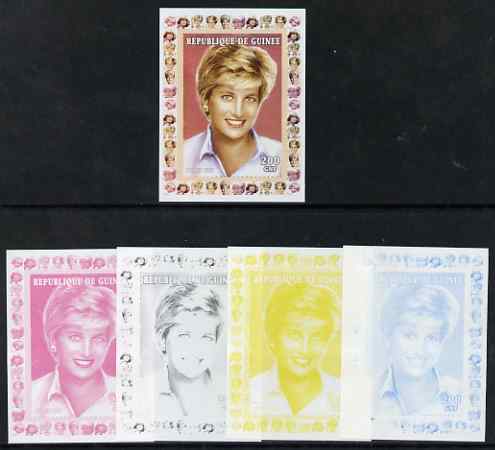 Guinea - Conakry 1997 Princess Diana 200f series #9 imperf deluxe sheet the set of 5 progressive proofs comprising the 4 individual colours plus all 4-colour composite, u..., stamps on personalities, stamps on diana, stamps on royalty, stamps on women