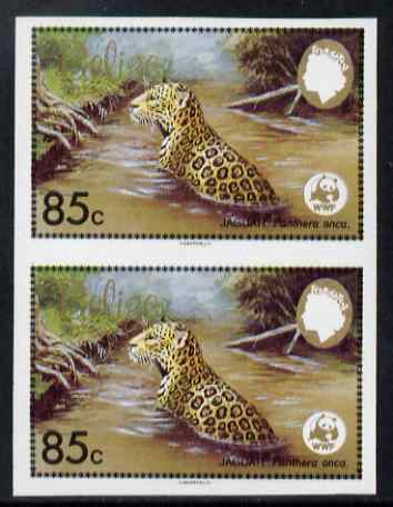 Belize 1983 WWF - Jaguar 85c (Jaguar in river) imperf pair from uncut proof sheet, unmounted mint, as SG 758, stamps on animals, stamps on cats, stamps on  wwf , stamps on 