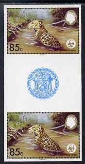 Belize 1983 WWF - Jaguar 85c (Jaguar in river) imperf inter-paneau gutter pair from uncut proof sheet, unmounted mint, as SG 758, stamps on , stamps on  stamps on animals, stamps on  stamps on cats, stamps on  stamps on  wwf , stamps on  stamps on 