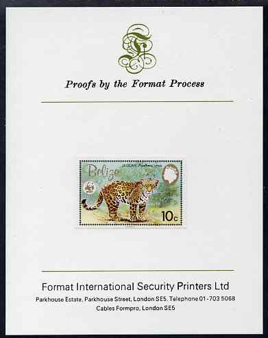 Belize 1983 WWF - Jaguar 10c (Adult Jaguar) imperf proof mounted on Format International Proof card, as SG 757, stamps on , stamps on  stamps on animals, stamps on  stamps on cats, stamps on  stamps on  wwf , stamps on  stamps on 