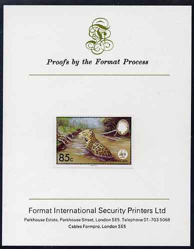 Belize 1983 WWF - Jaguar 85c (Jaguar in river) imperf proof mounted on Format International Proof card, as SG 758, stamps on , stamps on  stamps on animals, stamps on  stamps on cats, stamps on  stamps on  wwf , stamps on  stamps on 