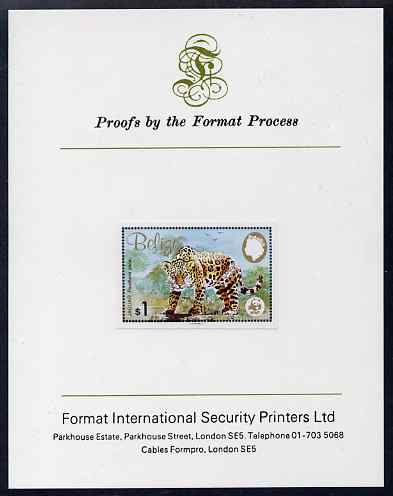 Belize 1983 WWF - Jaguar $1 (Jaguar on rock) imperf proof mounted on Format International Proof card, as SG 759, stamps on , stamps on  stamps on animals, stamps on  stamps on cats, stamps on  stamps on  wwf , stamps on  stamps on 