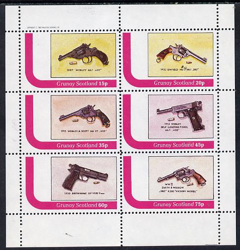 Grunay 1982 Pistols (Webley, Enfield, Browning etc) perf set of 6 values (15p to 75p) unmounted mint, stamps on militaria, stamps on firearms