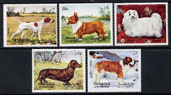 Sharjah 1972 Dogs set of 5 unmounted mint (Mi 1024-28A) , stamps on , stamps on  stamps on animals    dogs    corgi   bernard   pointer   dachshund   maltese-terrier