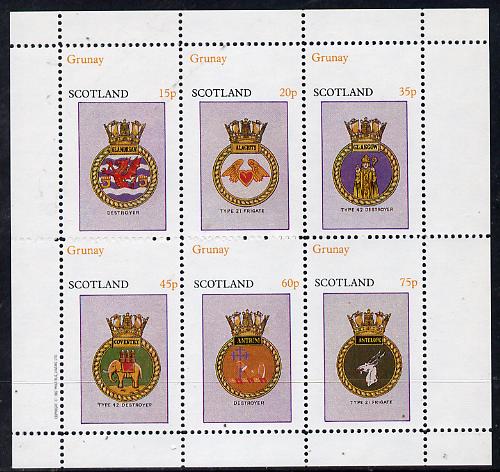 Grunay 1982 Ships Crests #1 (Destroyer, Frigate etc) perf set of 6 values (15p to 75p) unmounted mint, stamps on , stamps on  stamps on ships      elephant     dragon    heart