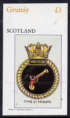 Grunay 1982 Ships Crests #1 (Type 21 Frigate) imperf souvenir sheet (£1 value) unmounted mint, stamps on ships    pistol    militaria