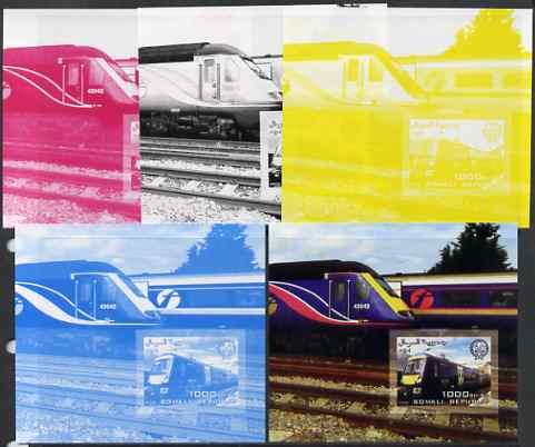 Somalia 2006 Modern Trains #3 souvenir sheet with Scout Logo, the set of 5 imperf progressive proofs comprising the 4 individual colours plus all 4-colour composite, unmo..., stamps on railways, stamps on scouts