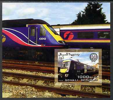 Somalia 2006 Modern Trains #3 imperf souvenir sheet with Scout Logo unmounted mint. Note this item is privately produced and is offered purely on its thematic appeal, stamps on , stamps on  stamps on railways, stamps on  stamps on scouts