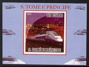 St Thomas & Prince Islands 2009 Modern Trains #3 - TGV individual imperf deluxe sheet unmounted mint. Note this item is privately produced and is offered purely on its thematic appeal, stamps on railways