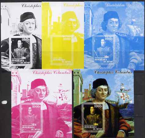 Benin 2006 Christopher Columbus #1 m/sheet, the set of 5 imperf progressive proofs comprising the 4 individual colours plus all 4-colour composite, unmounted mint , stamps on , stamps on  stamps on personalities, stamps on  stamps on columbus, stamps on  stamps on explorers, stamps on  stamps on ships