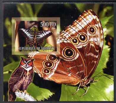 Djibouti 2006 Owl & Butterfly #2 imperf m/sheet unmounted mint. Note this item is privately produced and is offered purely on its thematic appeal , stamps on , stamps on  stamps on birds of prey, stamps on  stamps on owls, stamps on  stamps on birds, stamps on  stamps on butterflies