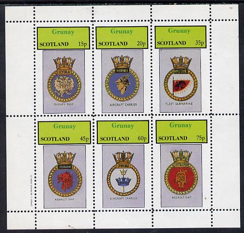 Grunay 1982 Ships Crests #2 (Survey Ship, Assault Ship, Carrier etc) perf set of 6 values (15p to 75p) unmounted mint, stamps on , stamps on  stamps on ships      flat tops     submarines