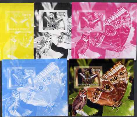 Djibouti 2006 Owl & Butterfly #2 m/sheet, the set of 5 imperf progressive proofs comprising the 4 individual colours plus all 4-colour composite, unmounted mint , stamps on , stamps on  stamps on birds of prey, stamps on  stamps on owls, stamps on  stamps on birds, stamps on  stamps on butterflies