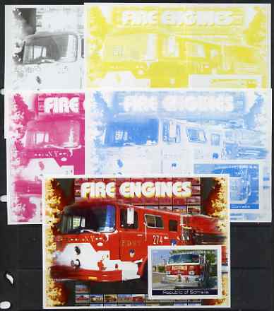 Somalia 2002 Fire Engines #2 s/sheet, the set of 5 imperf progressive proofs comprising the 4 individual colours plus all 4-colour composite, unmounted mint , stamps on , stamps on  stamps on fire