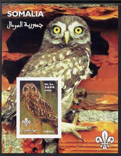 Somalia 2002 Owls #1 imperf s/sheet with Scouts Logo, unmounted mint. Note this item is privately produced and is offered purely on its thematic appeal, stamps on birds, stamps on birds of prey, stamps on scouts, stamps on owls