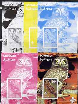 Somalia 2002 Owls #1 s/sheet with Scouts Logo, the set of 5 imperf progressive proofs comprising the 4 individual colours plus all 4-colour composite, unmounted mint , stamps on birds, stamps on birds of prey, stamps on scouts, stamps on owls
